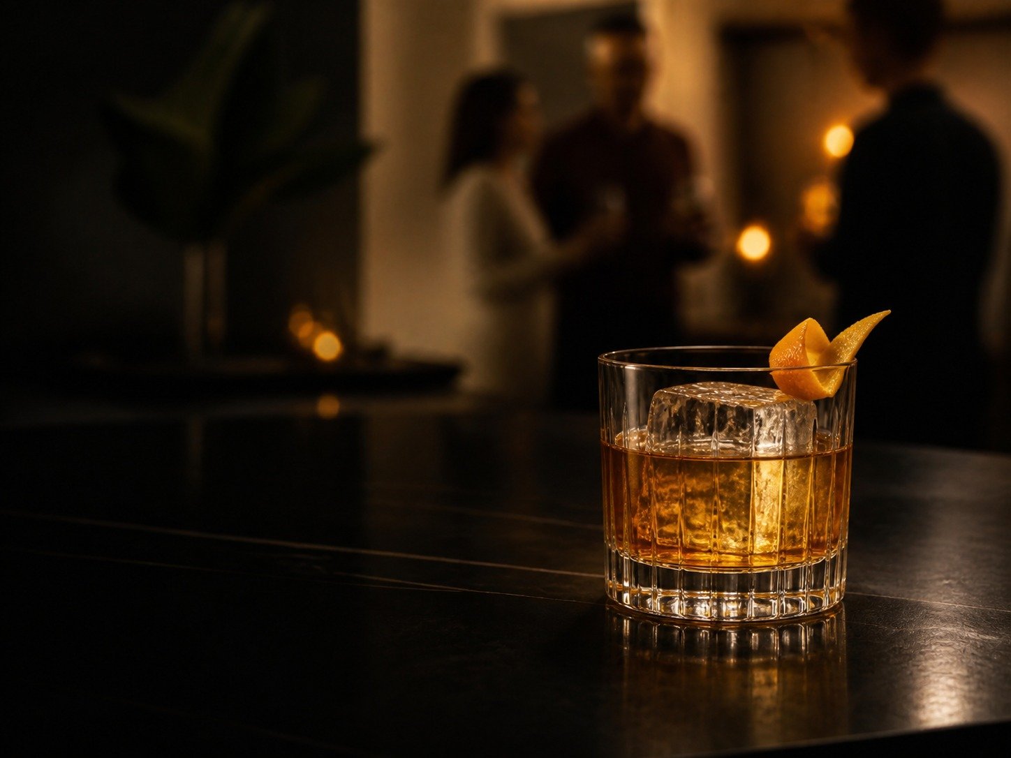 Cóctel ámbar corto con piel de naranja